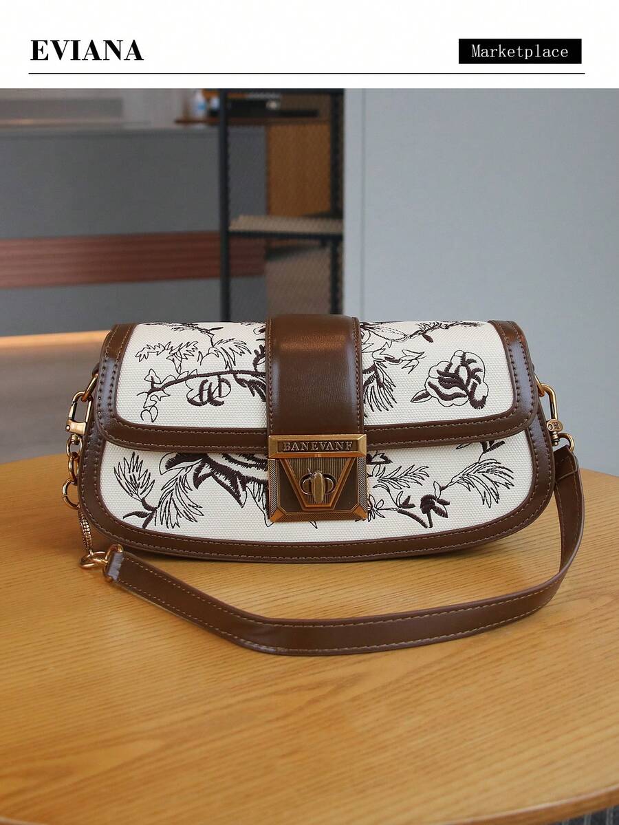 Sac à bandoulière à la mode pour femme 2026, design vintage brodé, boucle métallique robuste, sac bandoulière croisé, color block, élégant, haut de gamme en PU