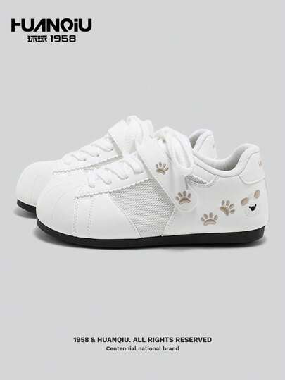HUANQIU Cat Paw Design White Sneakers, Campus Style Casual Sports Shoes, Breathable Mesh Trainers, Shell Shoes, Platform Shoes For Women, Spring & Summer