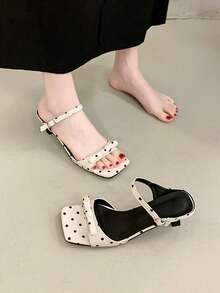 Women's Vintage Polka Dot Satin Mid-Heel Sandals, Square Toe Open Toe With Slim Kitten Heel, Adjustable Ankle Strap, Breathable And Fresh For Summer Wear, Stable And Comfortable Chunky Heel Design, Elegant And Versatile For Daily Outings, Office Commute, Parties And Vacations - Beige - View 8