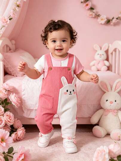 Baby Girls' Cute Cartoon Rabbit Embroidery Corduroy Patchwork Short Sleeve T-Shirt + Bib Pants 2 Pieces Set, Summer