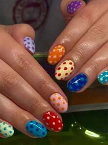 Conjunto de 30 unhas postiças curtas ovais com bolinhas para arte de unhas, inclui 1 adesivo de dupla face e 1 lima de unhas, unhas curtas com bolinhas fazem as suas pontas dos dedos brilharem e atraírem, perfeitas para festas, dança e uso diário - Multicolorido - Ver 8