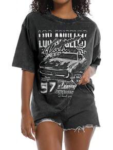 2026 New Summer Pairxily Oversized Graphic Tees For Women Baggy Streetwear Preppy Shirts For Teens Race Car Checkered Flag Drop Shoulder Top Casual T- - 黑色 - 查看 1
