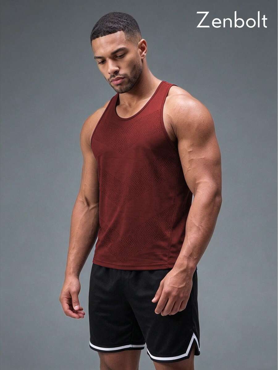 Zenbolt Men's Basic Solid Color V-Neck Embossed Slim Fit Athletic Tank Top - Red - View 1