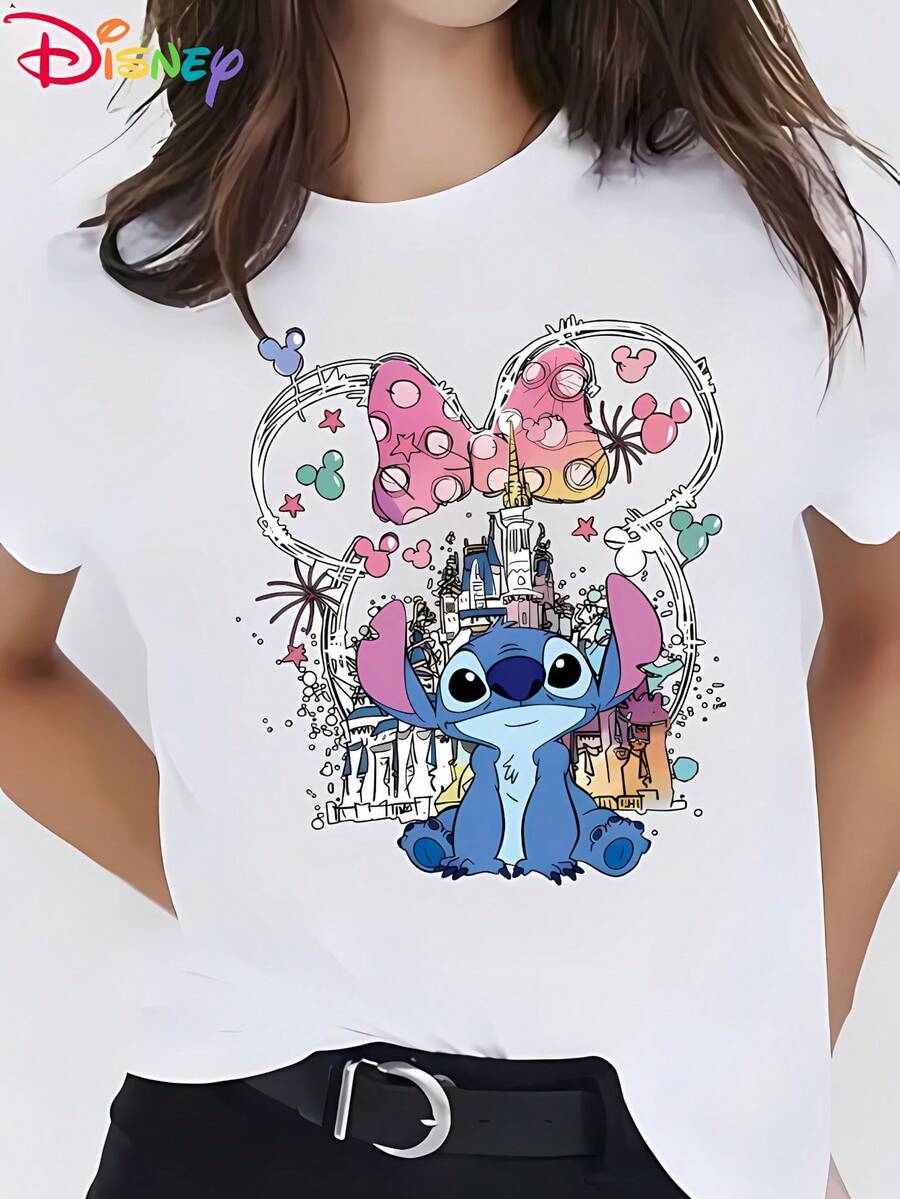 Disney Licensed! Popular Disney Mickey Mouse Stitch Printed Women'S T-Shirt, Casual Stylish Round Neck Short Sleeve Summer Top, ' Anime Cartoon Sweatshirt, Perfect For Outdoor Daily Casual Wear - trắng - Xem 1