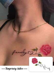 One Temporary Valentine's Day Tattoo Sticker, Featuring A Gentle Fusion Of Y2K-Style Cursive Lettering "Family" And Realistic Floral Details. Waterproof, Sweatproof, Washable, And Non-Reflective, It Mimics The Effect Of A Tattoo On The Arm And Shoulder, Suitable For -Conscious Individuals. Lasts 3-5 Days. - Multicolor - View 1
