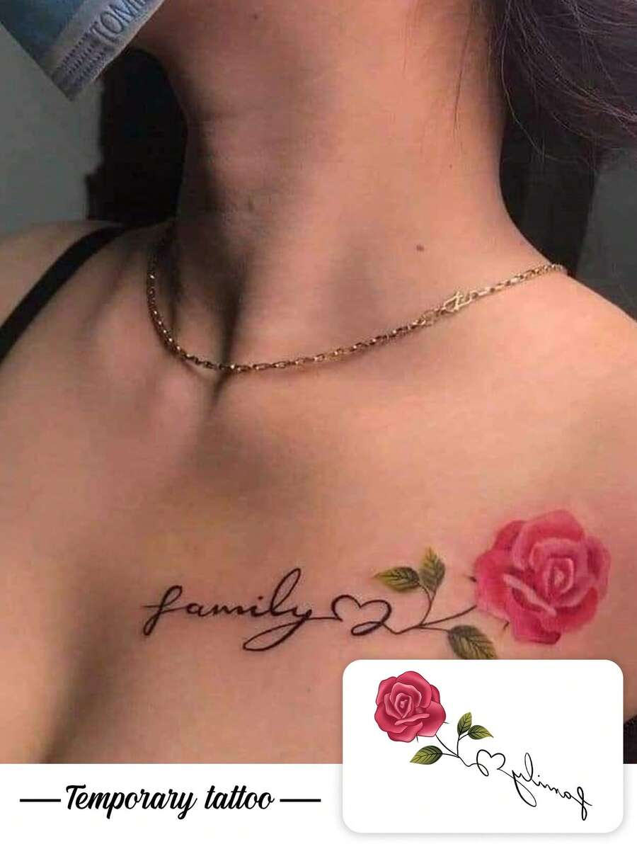 One Temporary Valentine's Day Tattoo Sticker, Featuring A Gentle Fusion Of Y2K-Style Cursive Lettering "Family" And Realistic Floral Details. Waterproof, Sweatproof, Washable, And Non-Reflective, It Mimics The Effect Of A Tattoo On The Arm And Shoulder, Suitable For -Conscious Individuals. Lasts 3-5 Days. - Multicolor - View 1