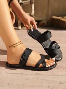 Women's New Toe Strap Back Strap Roman Flat Sandals Soft Sole Beach Vacation Daily Versatile Black Sandals - Black - View 4