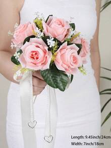 Artificial White Rose Bridal Wedding Bouquet, Lace Bow & Rhinestone Decor, Proposal Gift, Toss Bouquet - Multicolor - View 23