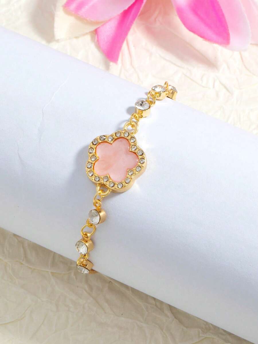1pc Pink Clover Bracelet With Rhinestone Inlay And Drawstring Design, Adjustable, Designed For Women, Versatile And Elegant For Daily Wear, Dates, Beach Vacations, Parties Or As A Gift - Pink - View 1