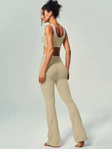 UONNOU Set Pakaian Olahraga Tanpa Jahitan: Celana Yoga Model Lebar Pinggang Tinggi dan Bra Olahraga Model U-Neck - Khaki - View 5