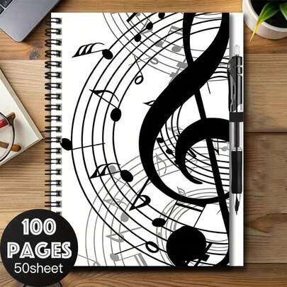 1 Set Music Element Spiral Notebook With Pen, Black & White Notes And Treble Clef Cover Design, 100 Practical Pages, Suitable For Work, Study, School Records, Daily Planning, Graduation/Birthday Gift, Diary Writing, Memo Taking, New Writing Experience!