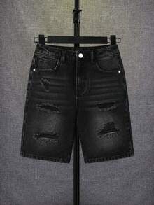 Pantalones cortos de mezclilla negros con diseño rasgado de moda para adolescentes - Negro - Ver 7