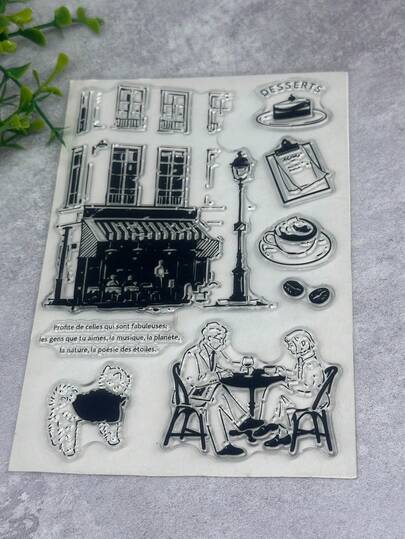 1 Con dấu cao su trong suốt kiểu cổ điển, con dấu cao su trong suốt dùng cho thiệp, thời gian thư giãn uống cà phê, tạo họa tiết, tự làm sổ lưu niệm, album ảnh, tạp chí, con dấu hàng tháng.