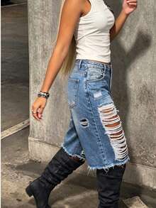 Women's Casual Slim Straight Leg Denim Shorts With Distressed Hem And Pocket Details Summer - Blue - View 2