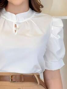 Women's Dressy Blouse With Puff Sleeves And Two Buttons. - White - View 2
