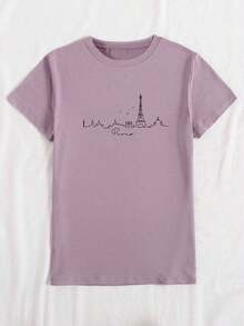 Women's T-Shirt With Paris Skyline Design, Paris Art Print, Round Neck, Short Sleeve, Casual Style, Paris Graphic T-Shirts For Women - 紫色 2 - 查看 4