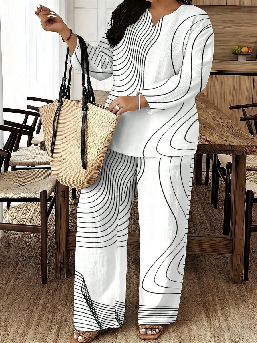 One Women's Simple Intellectual Style Woven Fabric Smooth Structured Style Suit For Clients, Summer Business Meetings, White With Black Abstract Line Print, Professional Plus Size Women's Notch Neck 3/4 Sleeve Long Pants Set - Nhiều màu - Xem 1