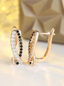 Vanel 一对优雅的金色镶钻立方氧化锆耳环，双色扭曲耳环设计，时尚日常饰品，送给她的优雅珠宝礼物 - 金黃色-黑白雙色 - 查看 3