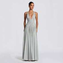 2026 Best-Selling New Stylish Women's Dress With A Halter Neck, V-Neck, Long Skirt, Y Slit, Pleated, And Backless Design Bodycon Dress  Summer Dress Club Dress  Ruched Bodycon Dress - Màu vàng - Xem 10