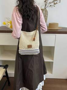 1pc Women's Long Strap Crossbody Bag, Lightweight & Practical, Minimalist Design, Beige Fabric, Polyester Lining, Suitable For Daily Use And Travel - Blue - View 5