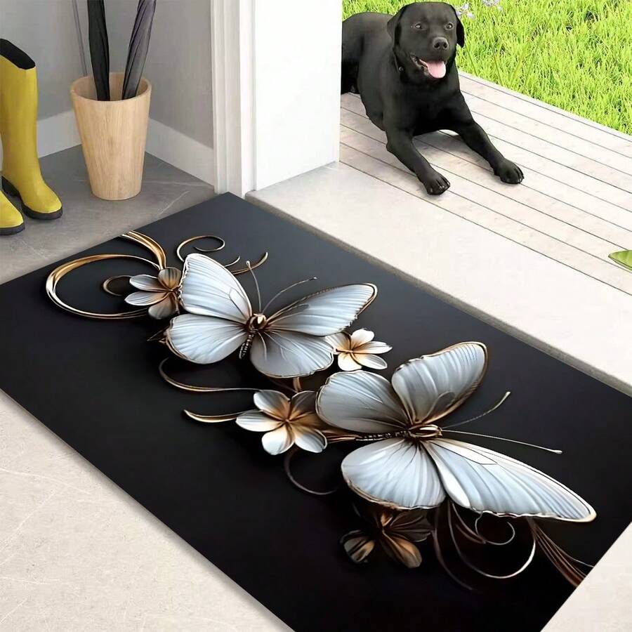 1 pieza Alfombra de cocina antideslizante con estampado de mariposas y flores, alfombra antideslizante para decoración de fiestas, alfombra impermeable y absorbente para cocina, pasillo, baño, lavandería - Multicolor - Ver 1