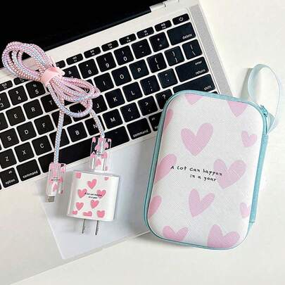 粉色爱心图案6件套创意心形线缆收纳包，EVA材质，方便携带，可收纳充电器和线缆，适合度假、户外活动、存放充电器配件和旅行必备品，春季母亲节生日礼物