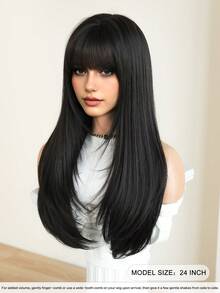 7JHH WIGS Long Natural Black Wig For Women 24 Inch Layered Straight Wigs With Bangs Natural Looking Heat-Resistant Synthetic Fiber Fluffy Wigs For Daily Party Wear, Music Festivals Celebrations Use, Mother's Gift Wig Accessories - 自然黑 - 查看 4