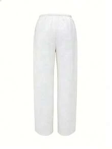 Women's White Wide Leg Pants, Elastic Waist Drawstring, Loose Relaxed Fit, Lightweight Breathable Casual Trousers, Summer Spring - 米白色 - 查看 3