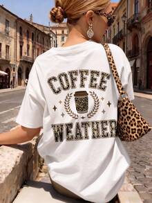 Áo thun ngắn tay in họa tiết da báo và chữ "Coffee", kiểu dáng retro Mỹ, cổ tròn, dáng rộng, đa năng dành cho nữ, màu trắng. - trắng - Xem 1