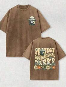 Summer Tops1pcs230g Washed, Defend Our National Park Printed T-Shirt With Little Bear, High-Quality Wax Printed Cotton Retro Fashion Brand T-Shirt, Beach Essential, Summer T-Shirt, Holiday Gift, Perfect Gift180gLoose And Comfortablesummer Clothes - 棕色 - 查看 7