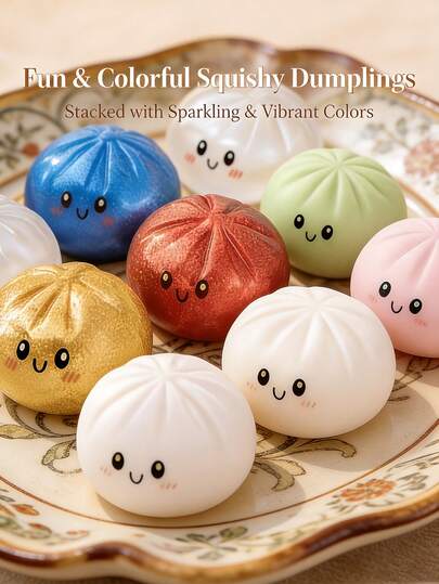 可爱蒸包饺子造型挤压玩具，柔软慢回弹减压球，可变形面包手工玩具，放松减压，办公礼物，圣诞节、万圣节、感恩节、生日派对的完美之选（含蒸笼）