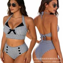 Women's Bikini Swimsuit With Geometric Pattern And Knotted Design For The Beach - Black and White Checkered - View 3