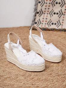 Sandálias Anabela Femininas de Verão, Sapatos Anabela Brancos, Sapatos Anabela Femininos Respiráveis com Cadarço, Salto Anabela de 9 cm com Bico Quadrado e Tira no Tornozelo, Sapatos de Praia Confortáveis em Palha Trançada, Sapatos com Sola Vazada, Tamanhos 34-43 (Tamanhos Grandes e Pequenos) - Branco - Ver 3