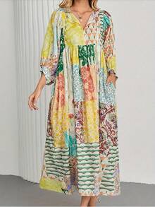 Damen Große Größen Boho Ballonärmel Maxikleid, modischer V-Ausschnitt Bindehalskragen Urlaubs Eleganz - Gelb - Übersicht 6