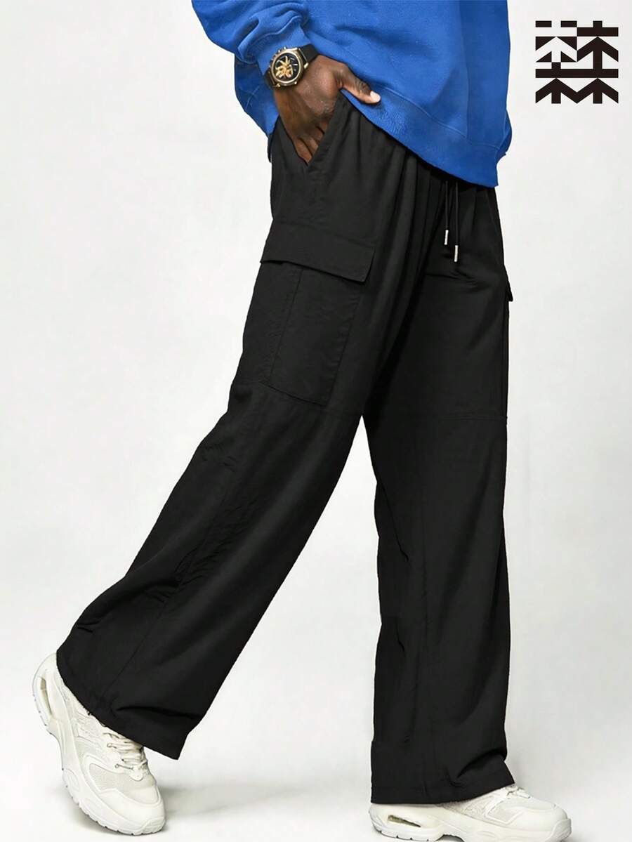mulinsen Men's Black Loose Straight Leg Cargo Pants With Practical Pockets And Drawstring Waist, Street Fashion - Black - View 1
