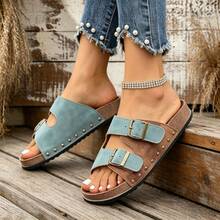 Chanclas casuales con tachuelas de diseño de bloques de color, ajustables y sin cordones, adecuadas para adolescentes, unisex, mujeres, uso en exteriores, playa, suela blanda, pareja, estampado de leopardo, adecuadas para fiesta, oficina, ligeras, elegantes, minimalistas, cómodas, casuales, para fiesta, diario, viaje, boda, camping, esenciales para verano y otoño, regalo, sexy, exterior, diseño retro - Azul caqui - Ver 6