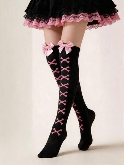 1 đôi tất dài đến đầu gối dành cho nữ, có nơ trang trí, kiểu dáng Lolita Y2K, họa tiết xương, thích hợp cho Halloween.