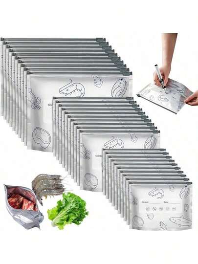 30pcs Aluminum Foil Refrigerator Storage Bags Reusable Perfect For Kitchen Organization In The Refrigerator Or Freezer 3 Size Zipper Fresh-Keeping Bags For Fruits Vegetables Meat Grains Nuts Snacks Food Preservation Sealing Bags Kitchen Acces