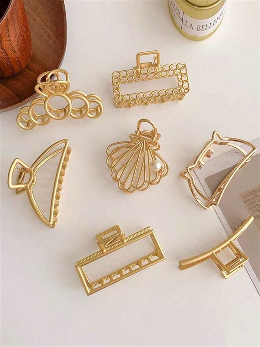 Bộ 3 kẹp tóc kim loại cỡ trung bình, kiểu dáng ngẫu nhiên, họa tiết hình học màu bạc và vàng, phù hợp cho phụ nữ. - Nhiều màu - Xem 1