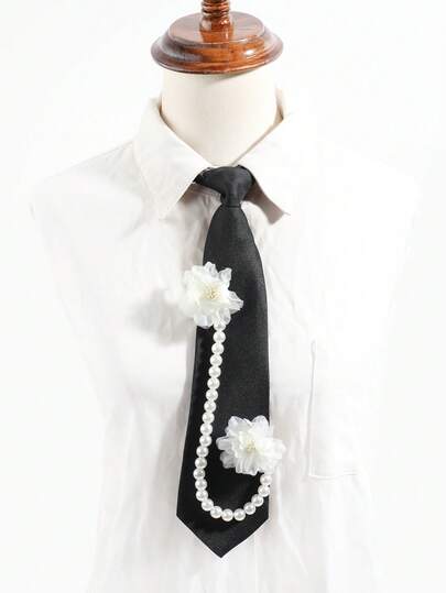 1pc Women's Fashion Floral Pearl Chain Decor Cute Style Black JK Tie, Suitable For Party, School, Date, Shirt Matching