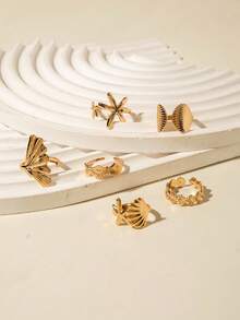 6pcs/Set Minimalist Zinc Alloy Starfish & Shell Ring Set, Suitable For Women's Daily Stacking, Gift - 29916-g-eP - View 5