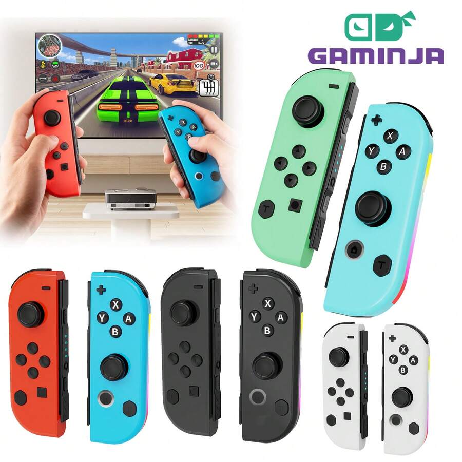 GAMINJA For Switch Joy-Con 無線遊戲控制器,RGB 燈光、震動、鮮豔燈光、動作感應、藍牙、3D 搖桿控制、無漂移,適用於 Switch 遊戲主機 L/R 控制器,附喚醒截圖功能 - 查看 1