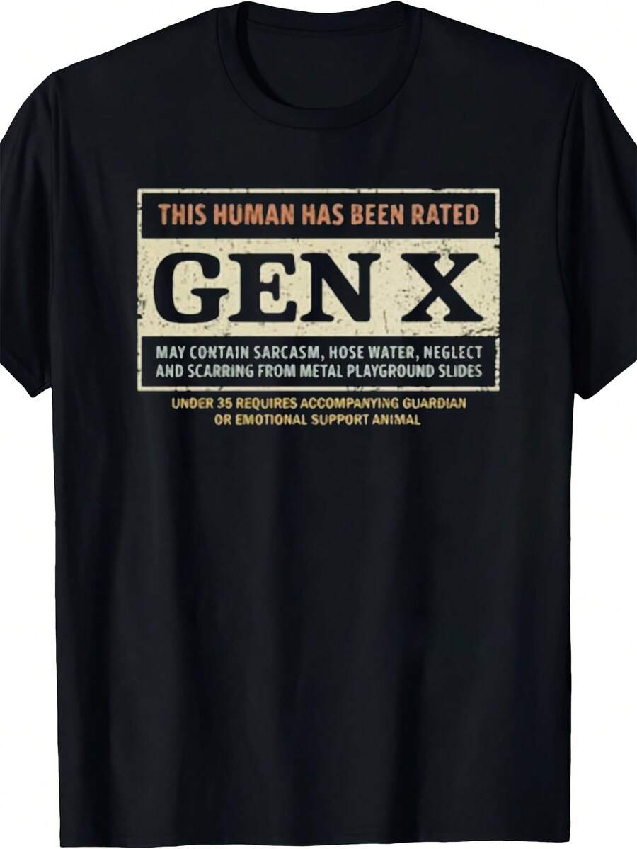 Camiseta gráfica para hombre de la Generación X, ajuste cómodo, estampado de texto amarillo con humor, lavable a máquina, para uso casual y al aire libre, camiseta negra para adultos, ajuste relajado, camiseta con estampado duradero, camiseta para hombre y mujer, camiseta casual y cómoda de verano, cuello redondo a la moda. - Negro - Ver 1