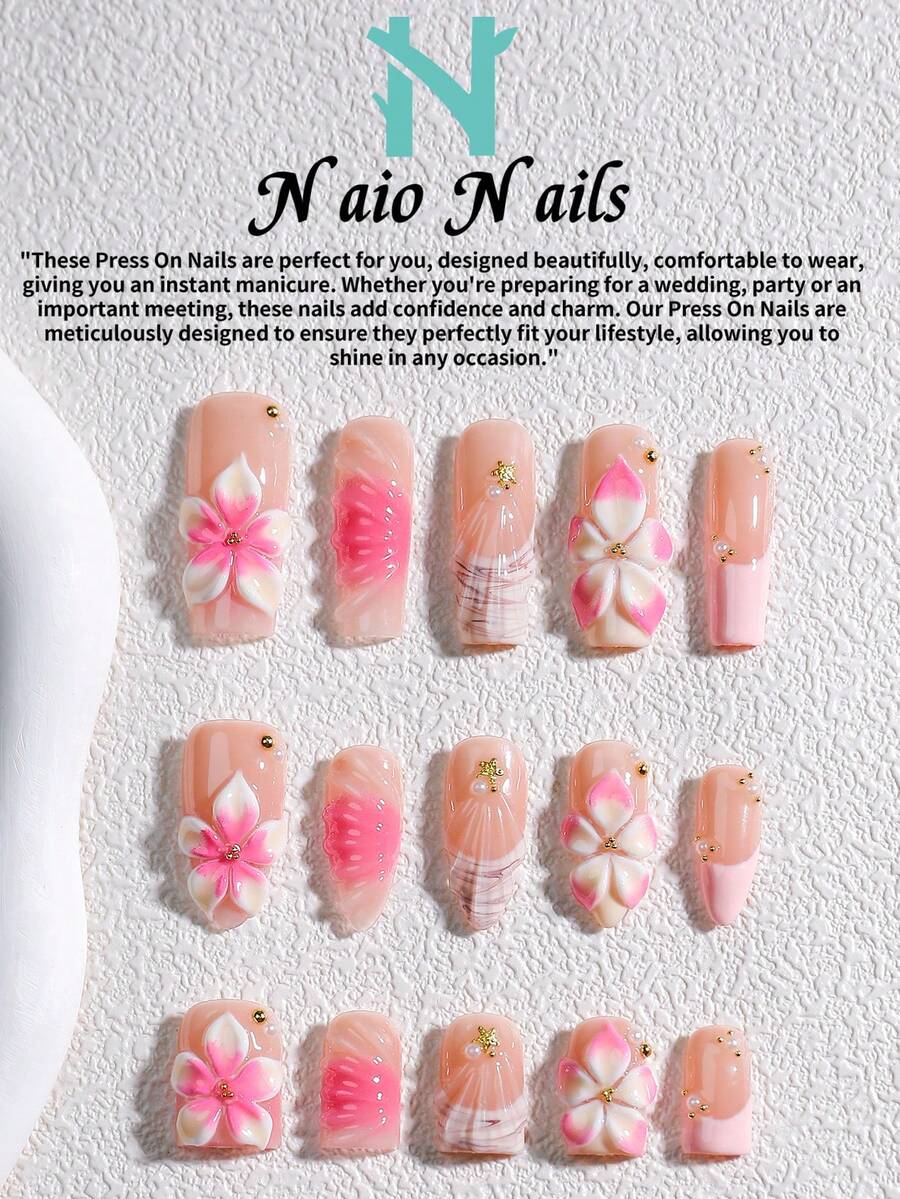 NAIO 10片/套 手工美甲贴片，三种尺寸可选：棺材形/杏仁形/短方形甲片，Y2K 酷炫风格，裸色、粉色和白色法式边、粉色渐变、3D立体花朵、贝壳图案，以及镶嵌珍珠和金属的假指甲。乳霜质地，适合女性和女孩，可用于派对、日常佩戴，附赠工具包，是送给女士美甲爱好者的绝佳礼物。 - 彩色 - 查看 1
