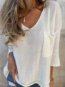Women's Solid Color V-Neck Knit Pullover Sweater, Loose Casual Top For Spring And Summer, Polyester Material With Pockets White - White - View 1