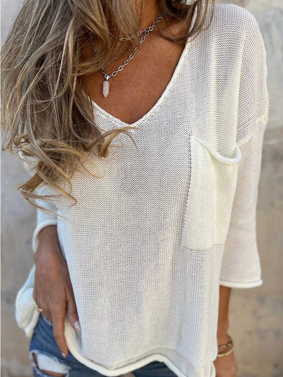 Women's Solid Color V-Neck Knit Pullover Sweater, Loose Casual Top For Spring And Summer, Polyester Material With Pockets White - White - View 1