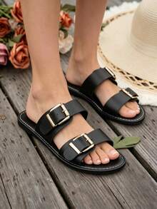 2025 New Summer Fashion Vintage Style Buckle Open Toe Flat Beach Sandals - Black - View 11