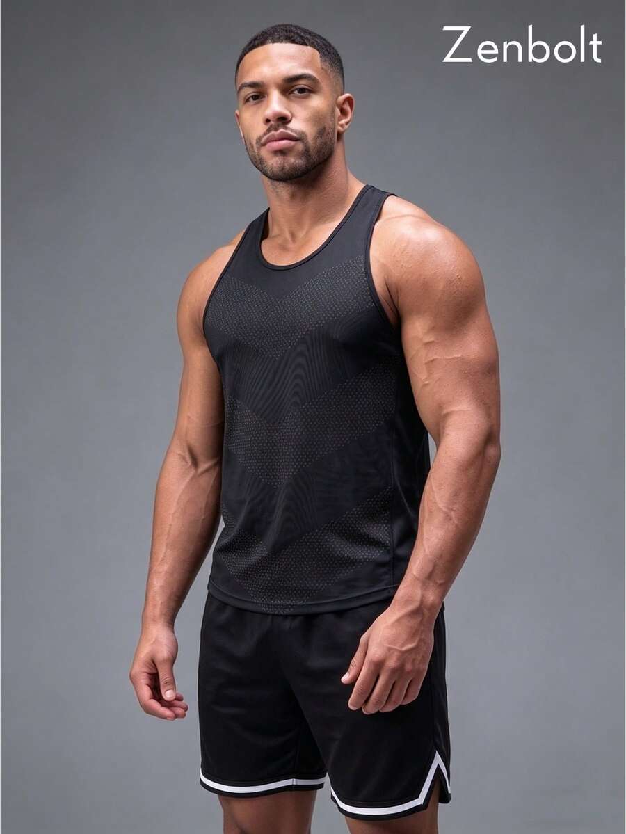 ZULIZ Zenbolt Men's Basic Solid Color V-Neck Embossed Slim Fit Athletic Tank Top - Black - View 1