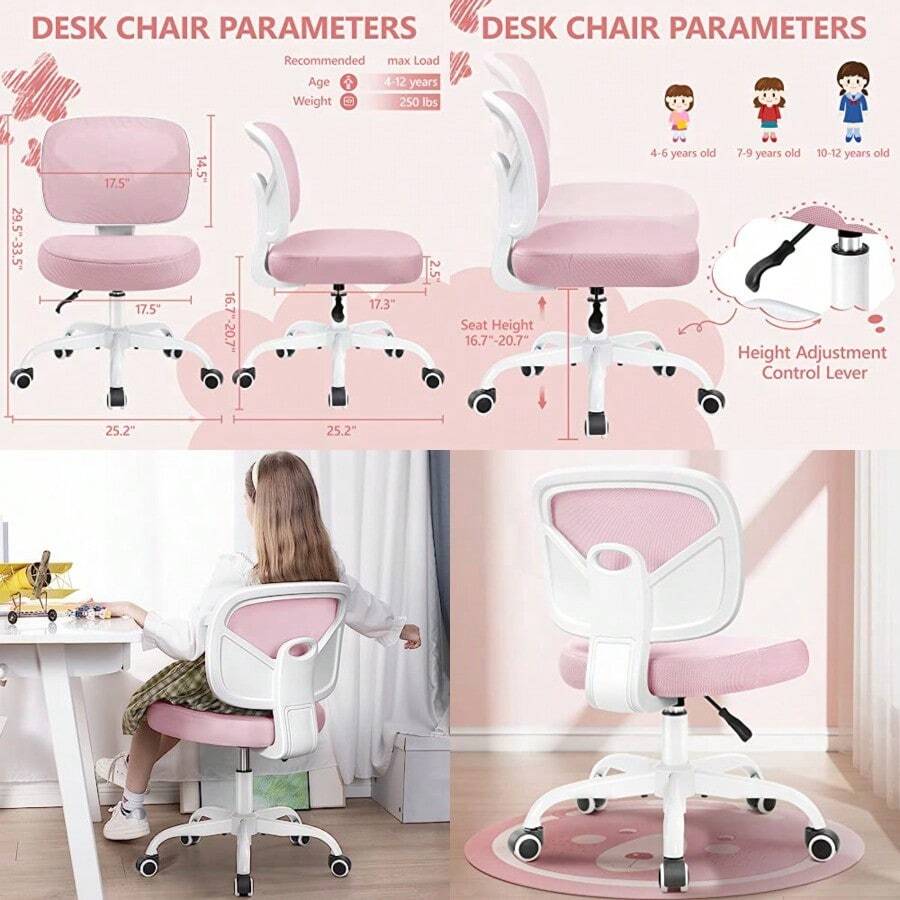 Primy Desk Chair Pink Study Chair for Boys Girls with Height Adjustable Swivel Mesh Task Student Chairs for 4-12 Growing Teen Office Chair for Home/School/Office Pink - rosa - Ver 1