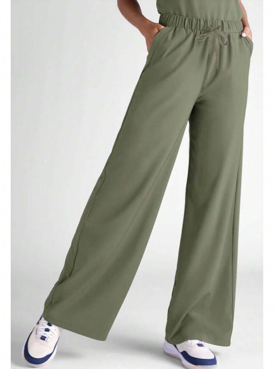 Solid Color Multi-Pocket Pants, Women's Fashion Commuter Loose Trousers, Wide Leg Casual Outdoor Comfortable Pants Spring - Olive Green - View 1